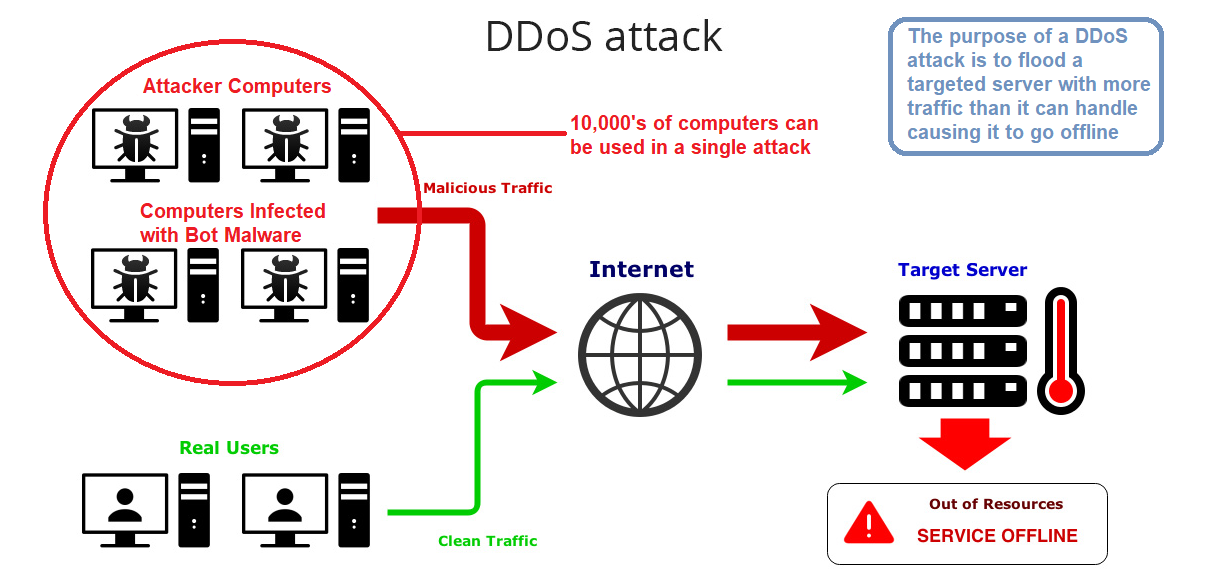 The purpose of a DDoS attack is to flood a targeted server with more traffic than it can handle causing it to go offline